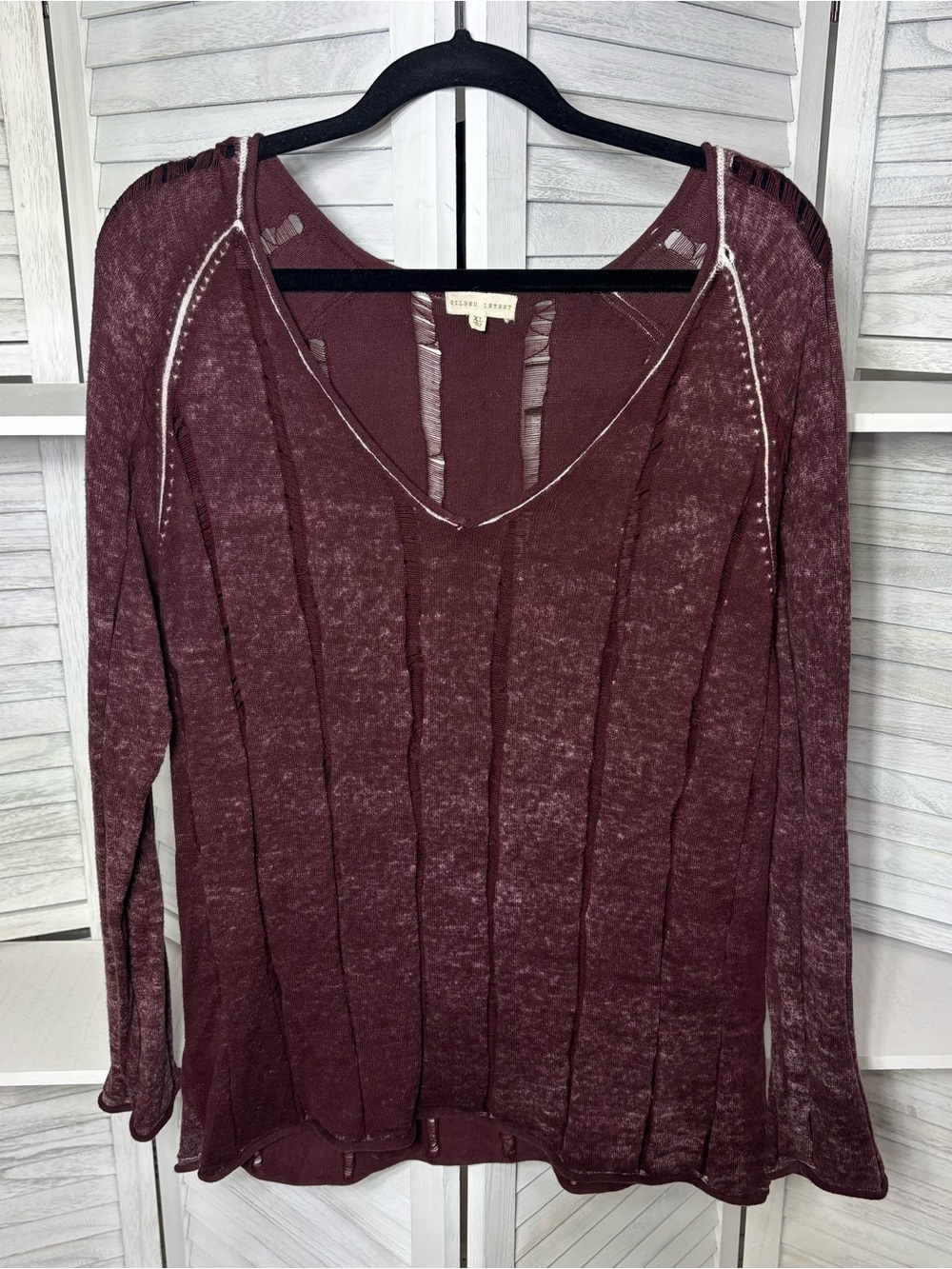 Gilded Intent Distressed Open Knit Sweater Top XL Burgundy Boho